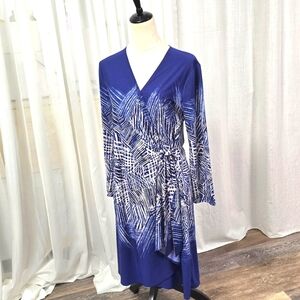 2/$30 BCBG MaxAzria Royal Blue Wrap Dress Womens Size L Abstract Print Midi‎ 90s